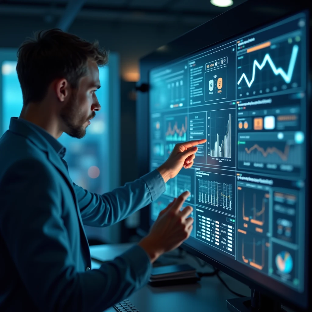 Business professional analyzing marketing data on an interactive display with modern technology elements