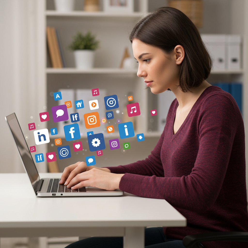 A person working on a laptop, with multiple social media platform icons overlaid on the screen