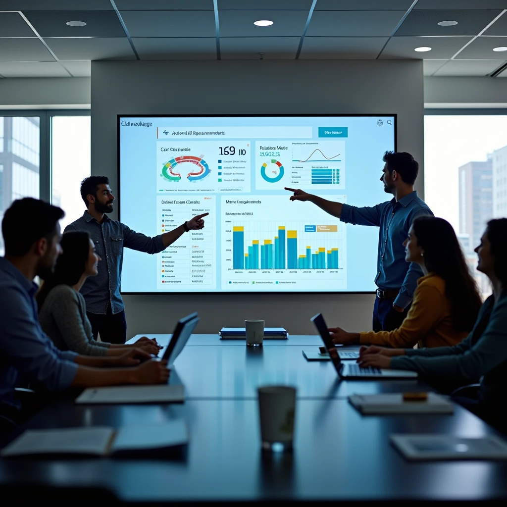 Marketing team analyzing AI-generated strategic recommendations on interactive display in modern conference room